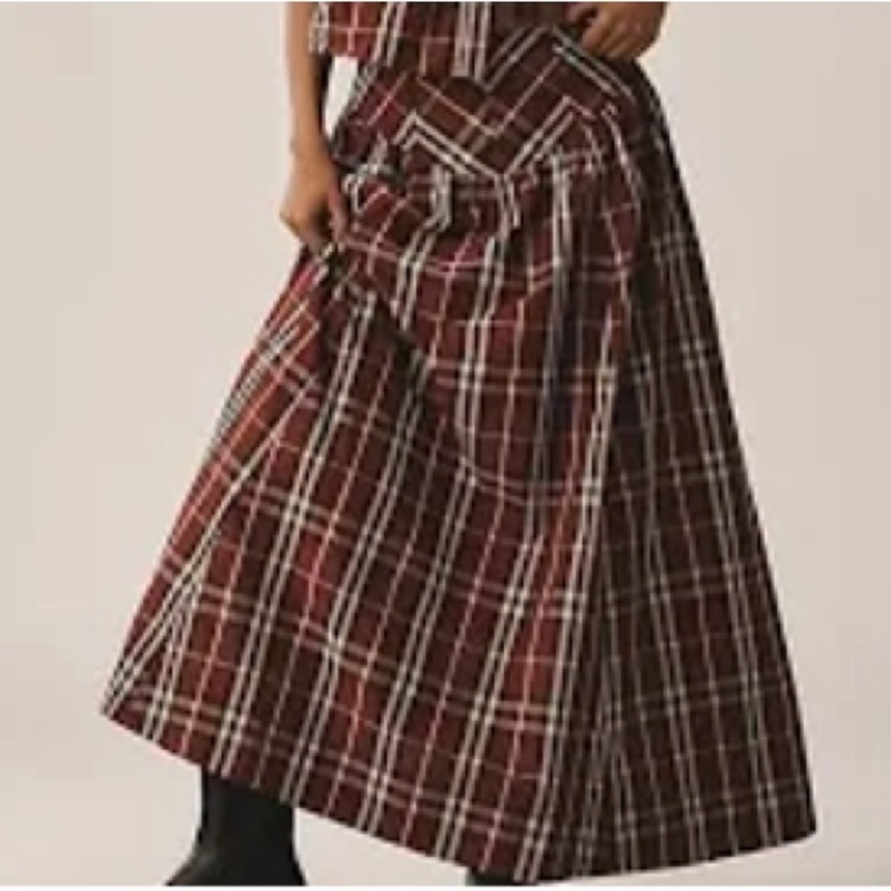 Anthropologie Maeve Drop Waist Plaid Taffeta Maxi Skirt - Red and Black